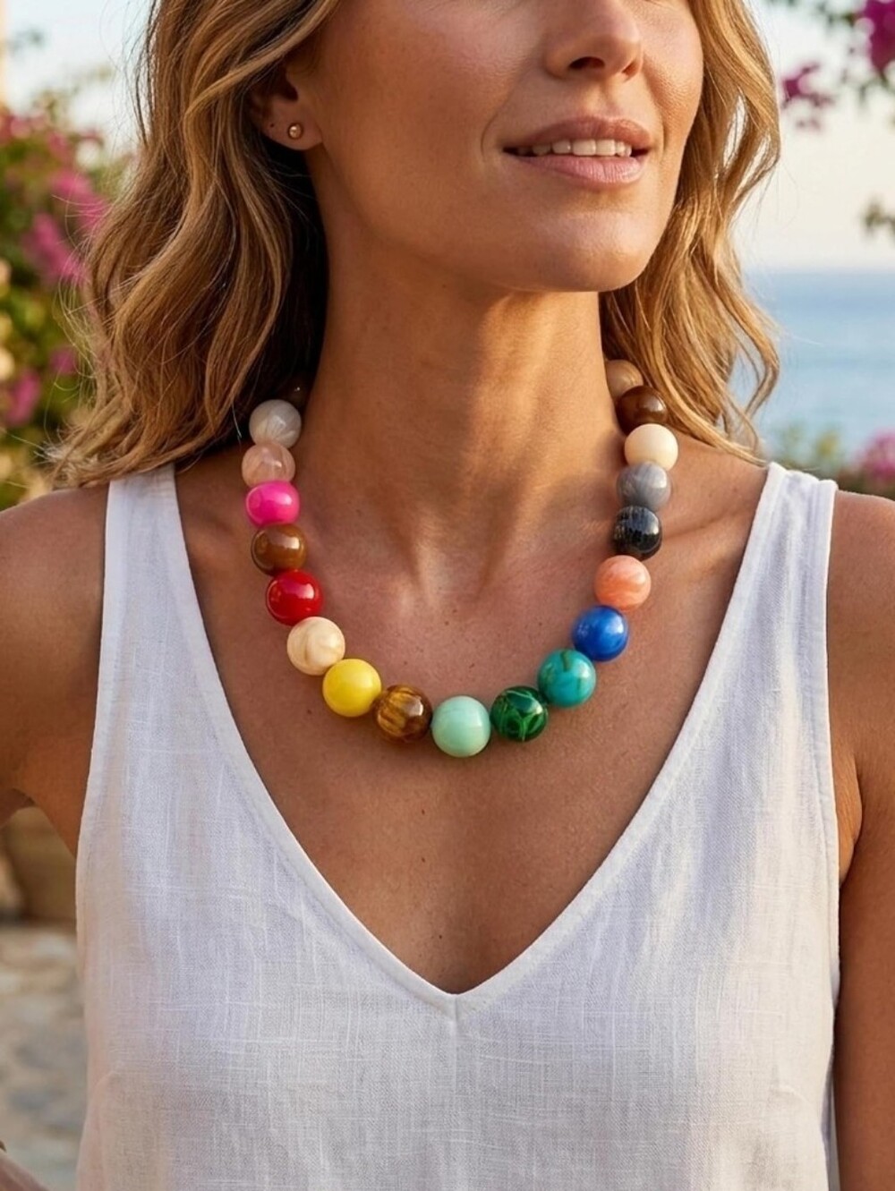 Multi Color Resin Bead Rainbow Statement Necklace Gold Chain